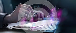 Big data engineer at the computer analyzes information