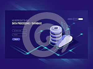 Big data flow processing concept, cloud database, isometric vector, web hosting and server room icons