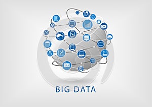 Big data and globe flat design illustration showing connectivity between different devices and information