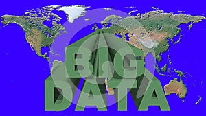 BIG DATA - green lettering in front of a world map on blue background - cloud computing and data storage concept