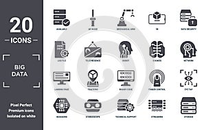 big.data icon set. include creative elements as available, data security, cookies, binary code, stereoscope, landing page filled