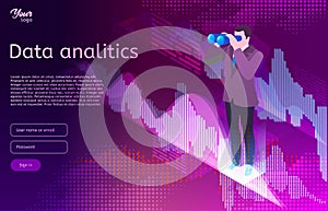 Big data isometric design concept. Man in suit use binocular spyglasses. Business analitics and digital marketing