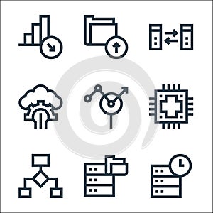 big data line icons. linear set. quality vector line set such as database, data transfer, data flow, search, cloud computing,