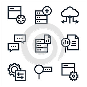Big data line icons. linear set. quality vector line set such as development, search, server, report, database, speech bubble,