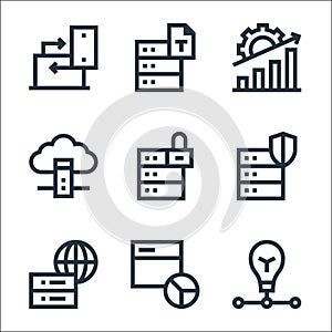 big data line icons. linear set. quality vector line set such as idea, web analytics, global server, database, lock, cloud server