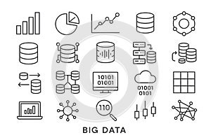 Big Data Line Icons Set. Data Analytics, Databases and Cloud Computing. Technology concept