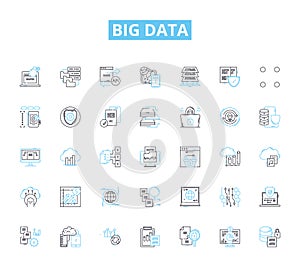 Big data linear icons set. Analytics, Insights, Volume, Velocity, Variety, Cloud, Machine line vector and concept signs