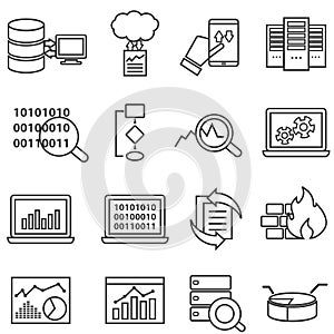 Big data, machine learning and data analysis line icons