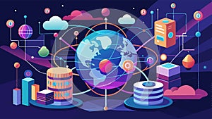 Big data network connection technology with global. Abstract particle and geometric technology concept background