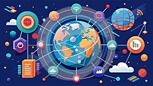 Big data network connection technology with global. Abstract particle and geometric technology concept background
