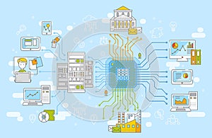 Big data network management concept vector illustration. Collection of information, data storage and analysys.