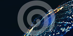 Big data processing. Abstract artificial neural network. Cyber field of wavy particles