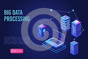 Big data processing and analysing landing page vector template. Analytics data servers, Server room banner, web hosting