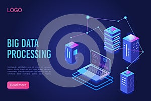 Big data processing and analysing landing page vector template. Analytics data servers, Server room banner, web hosting