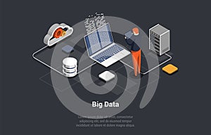 Big Data Processing Center, Cloud Database. Server Room With Hardware Racks or Web Hosting. Man Controls of Working Big
