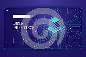 Big data processing, CPU processor isometric banner, network data transfer and calculation, dark neon violet