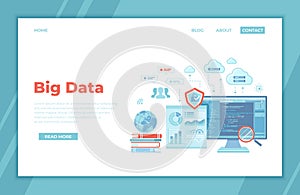 Big Data Processing. Infographic Analysis Analytics, Database research, Financial reporting, Cloud storage, Communication technolo