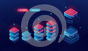 Big data processing isometric graph diagram, inform analysis and statistics, technology objects, server room, database