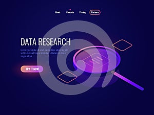 Big data processing isometric icon, magnifying glass, information searching and structuring, data sampling filtration