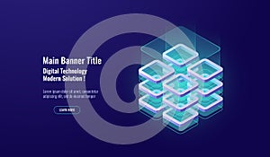Big data processing, data security concept, isometric icon, database server room, datawarehouse and cloud storage dark