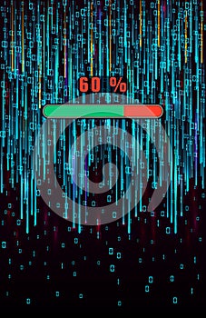 Big data progress loading bar on abstract matrix background with digital binary code.