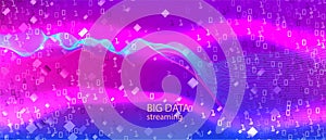 Big Data Sales Vector Equalizer. Blue Purple Pink Background. Neon Tech Abstract Modern Template. Matrix Flying Binary Code.