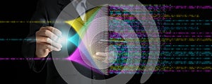Big data and data science concepts. A man is computing, analysing and extracting complex statistic data set . Data mining