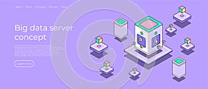 Big data server concept isometric. Data base technology. Server room. Blockchain concept. Abstract 3d data center, farming work