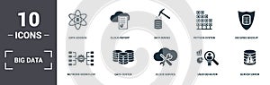 Big Data set icons collection. Includes simple elements such as Data Science, Cloud Report, Data Mining, Pattern System, Secured
