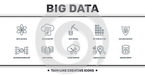 Big Data set icons collection. Includes simple elements such as Data Science, Cloud Report, Data Mining, Pattern System, Secured