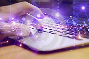 Big data technology background. Using a laptop against the background of visualization of a computer internet network