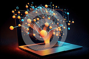 Big data technology background. Using a laptop against the background of visualization of a computer internet network, social