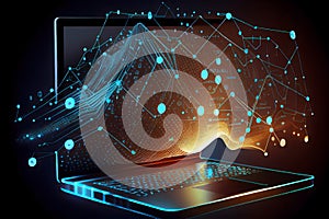 Big data technology background. Using a laptop against the background of visualization of a computer internet network, social