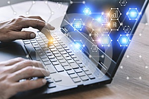 Big data technology background. Using a laptop against the background of visualization of a computer internet network