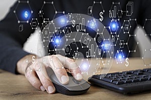 Big data technology background. Using a laptop against the background of visualization of a computer internet network