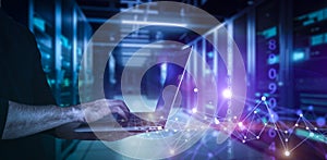 Big data technology background. Using a laptop against the background of visualization of a computer internet network