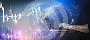 Big data technology background. Using a laptop against the background of visualization of a computer internet network