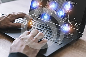 Big data technology background. Using a laptop against the background of visualization of a computer internet network