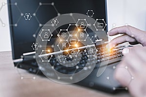 Big data technology background. Using a laptop against the background of visualization of a computer internet network