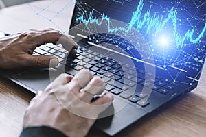 Big data technology background. Using a laptop against the background of visualization of a computer internet network