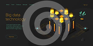 Big data technology in isometric vector illustration. Information storage and analysis system. Digital technology website landing