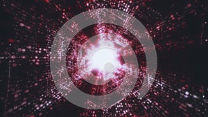Big Data Technology red Tunnel, Digital red hexagon tube, Information Flow, Futuristic Matrix. Particle network with