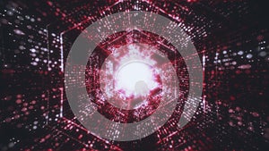 Big Data Technology red Tunnel, Digital red hexagon tube, Information Flow, Futuristic Matrix. Particle network with