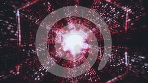 Big Data Technology red Tunnel, Digital red hexagon tube, Information Flow, Futuristic Matrix. Particle network with