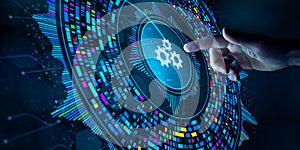 Big data technology and data science. Data scientist analysing and visualizing complex data set on virtual screen. Computing,