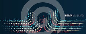 Big data visualization banner. Abstract background with lines array and binary code. Connection structure. Data array visual