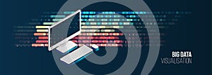 Big data visualization banner. Abstract background with lines array and binary code. Connection structure. Data array visual