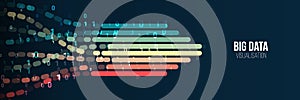 Big data visualization banner. Abstract background with lines array and binary code. Connection structure. Data array visual