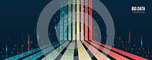 Big data visualization banner. Abstract background with lines array and binary code. Connection structure. Data array visual