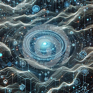 Big data visualization. Blockchain nodes. Interconnected network flows.